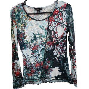 VTG Y2K Motive Womens Top Small Gray Red Abstract Art Crochet Sheer Long Sleeve